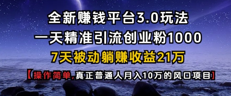 全新赚钱平台3.0玩法一天精准引流创业粉1000.7天被动躺Z收益21W【仅揭秘】-我的网站